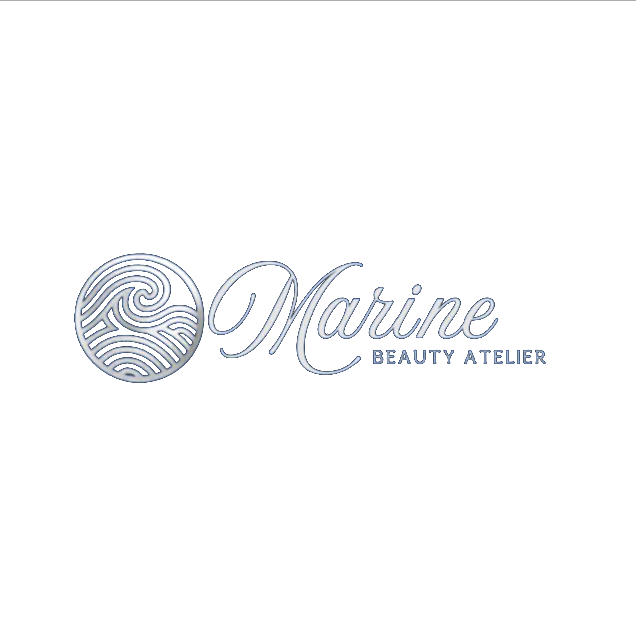 Marine Beauty Atelier logo, a silver wave within a circle beside the name in script